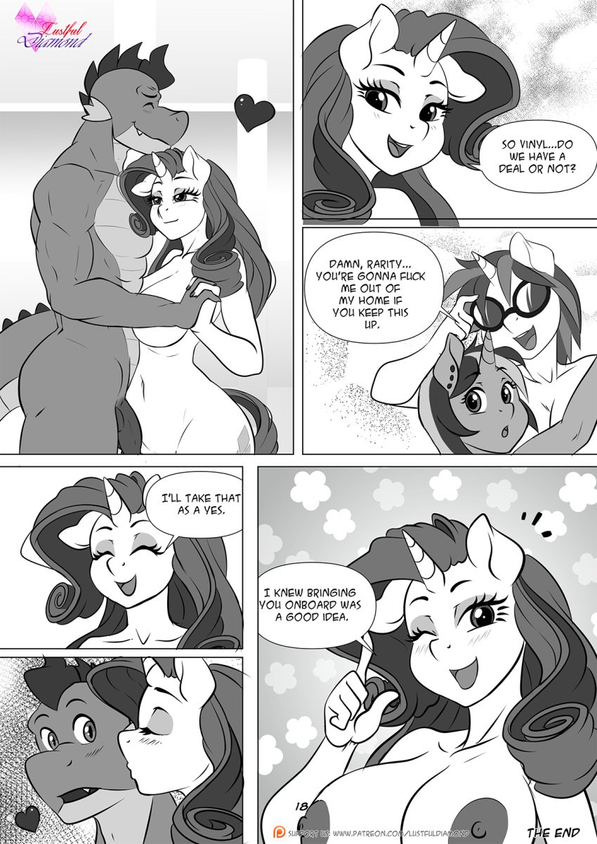 anthro anthro_on_anthro anthrofied big_breasts breasts colgate_(mlp) dialogue english_text equid equine eyewear female friendship_is_magic group hi_res horn kissing_cheek male male/female mammal my_little_pony nipples page_18 pia-sama smooth_skin spike_(mlp) sunglasses text unicorn vinyl_scratch_(mlp)