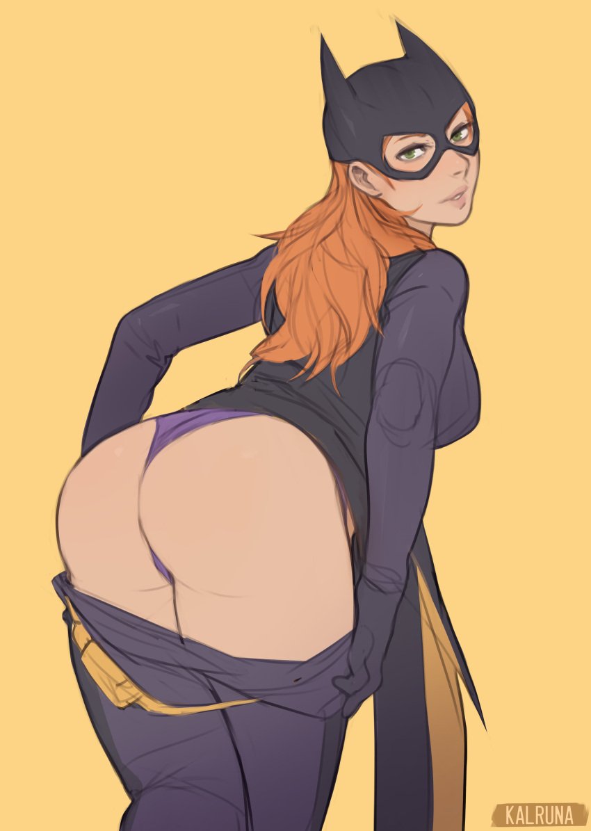 1girls 2d artist_name ass barbara_gordon batgirl batman_(series) big_ass big_breasts breasts dc dc_comics exposed_panties female female_focus female_only female_solo green_eyes kalruna long_hair looking_at_viewer looking_back mask masked masked_female panties plain_background pulling_down_pants purple_panties red_hair solo solo_female superheroine tagme thick_thighs thighs viewed_from_behind yellow_background