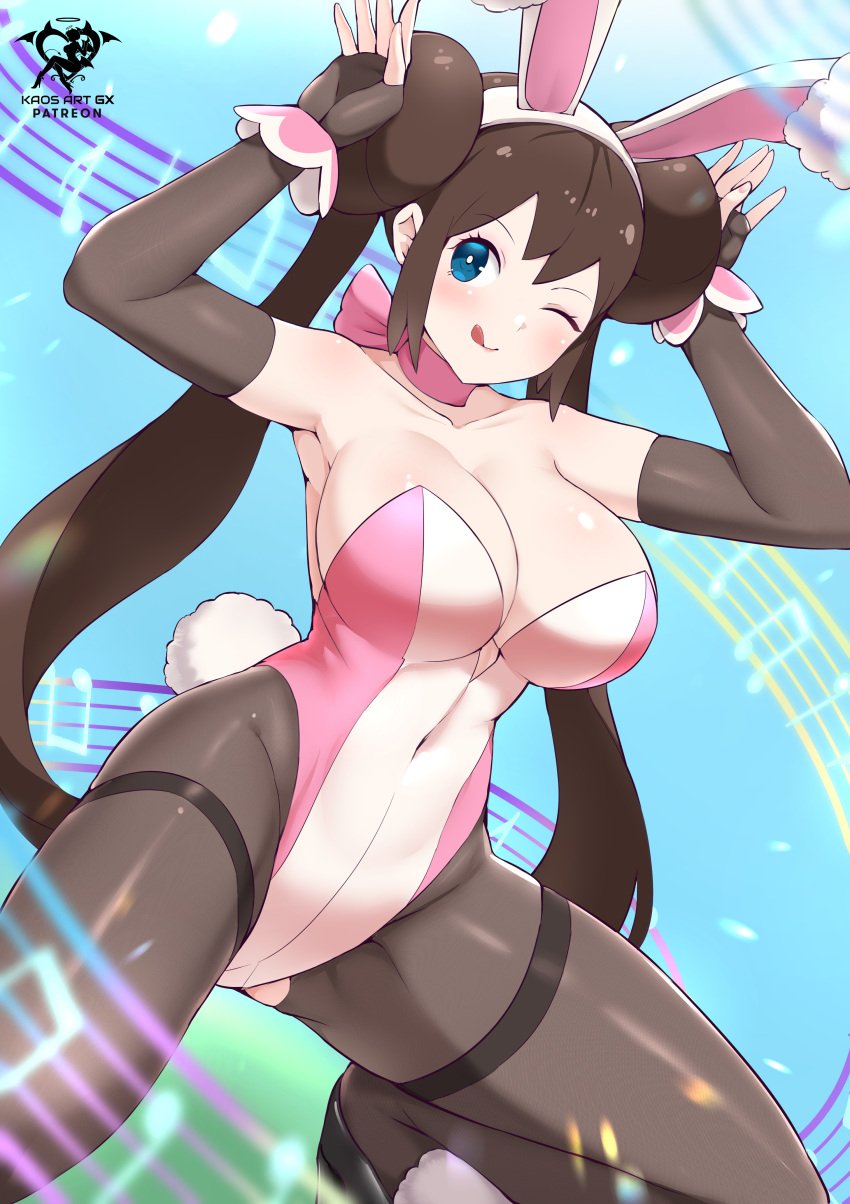 1girls 2022 alternate_breast_size armpits arms_up artist_logo artist_signature blue_eyes blush breasts brown_hair bunny_ears bunny_girl bunny_pose bunny_tail bunnysuit cleavage female female_only hi_res highleg_leotard hips kaos_art large_breasts leotard long_hair nintendo pokemon pokemon_bw2 rosa_(pokemon) slim_waist smile squatting thick_thighs thighs tights tongue tongue_out twin_buns twintails wide_hips wink