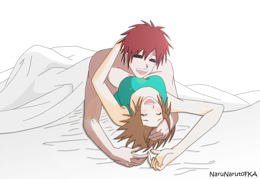 1boy 1girls bra brown_hair canon_couple couple cute duo eyeshadow forehead_tattoo gaara implied_sex laugh laughing long_hair lying_on_back lying_on_person makeup mascara matsuri_(naruto) missionary_position narunarutofka naruto naruto_(series) naruto_shippuden red_hair smile smiling straight tattoo under_covers wholesome