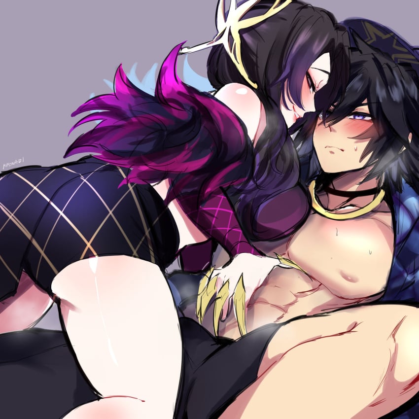 1boy 1girls alternate_costume ass_up black_hair blush breast_press breast_squish breath butterfly_hair_ornament claws costume demon_slayer dominant_female female female_on_top gyushino k/da_akali_(cosplay) k/da_evelynn_(cosplay) kimetsu_no_yaiba kochou_shinobu kurenaiz1 light-skinned_male looking_at_viewer looking_back male muscular_male pale-skinned_female seductive seductive_look seductive_smile smile talons thick_thighs tomioka_giyuu