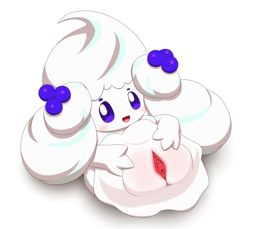 alcremie anus blue_eyes blush female feral feral_only food food_creature genitals hi_res minami_(artist) nintendo pokémon_(species) pokemon presenting presenting_pussy pussy simple_background spread_pussy spreading uncensored video_games white_background white_body