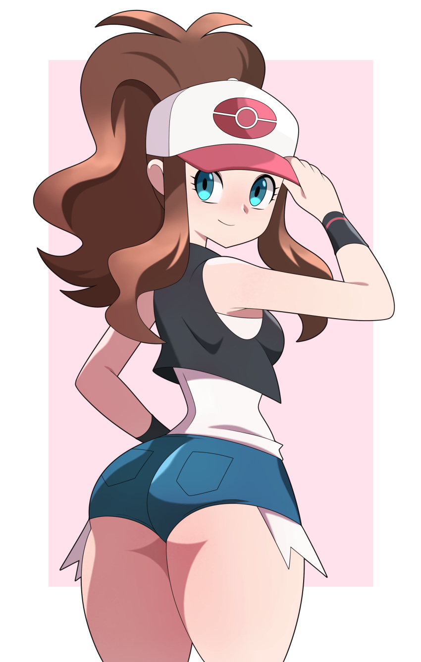 1girls abysswatchers ass blue_eyes blush breasts brown_hair eye_contact female_focus female_only game_freak hat hilda_(pokemon) long_hair looking_at_viewer minishorts nintendo pokemon pokemon_bw shorts small_breasts solo standing thick_thighs thighs