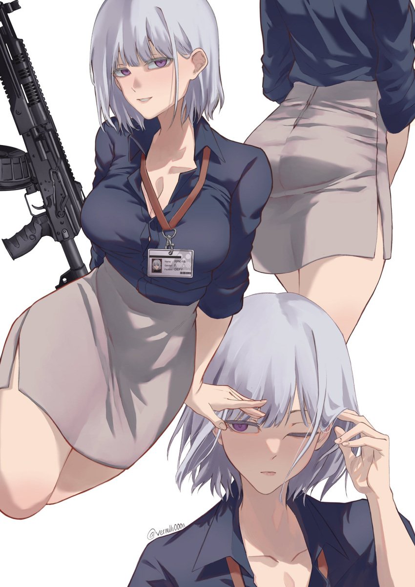 arms_behind_back ass bangs blue_shirt blush breasts cleavage closed_mouth collarbone eyebrows_visible_through_hair female girls'_frontline gun hand_in_own_hair high-waist_skirt highres id_card light_machine_gun medium_breasts office_lady one_eye_closed parted_lips pencil_skirt purple_eyes rifle rpk-16 rpk-16_(girls'_frontline) shirt shirt_tucked_in short_hair silver_hair sitting skirt smile solo standing twitter_username vermilli000n weapon white_background white_shirt