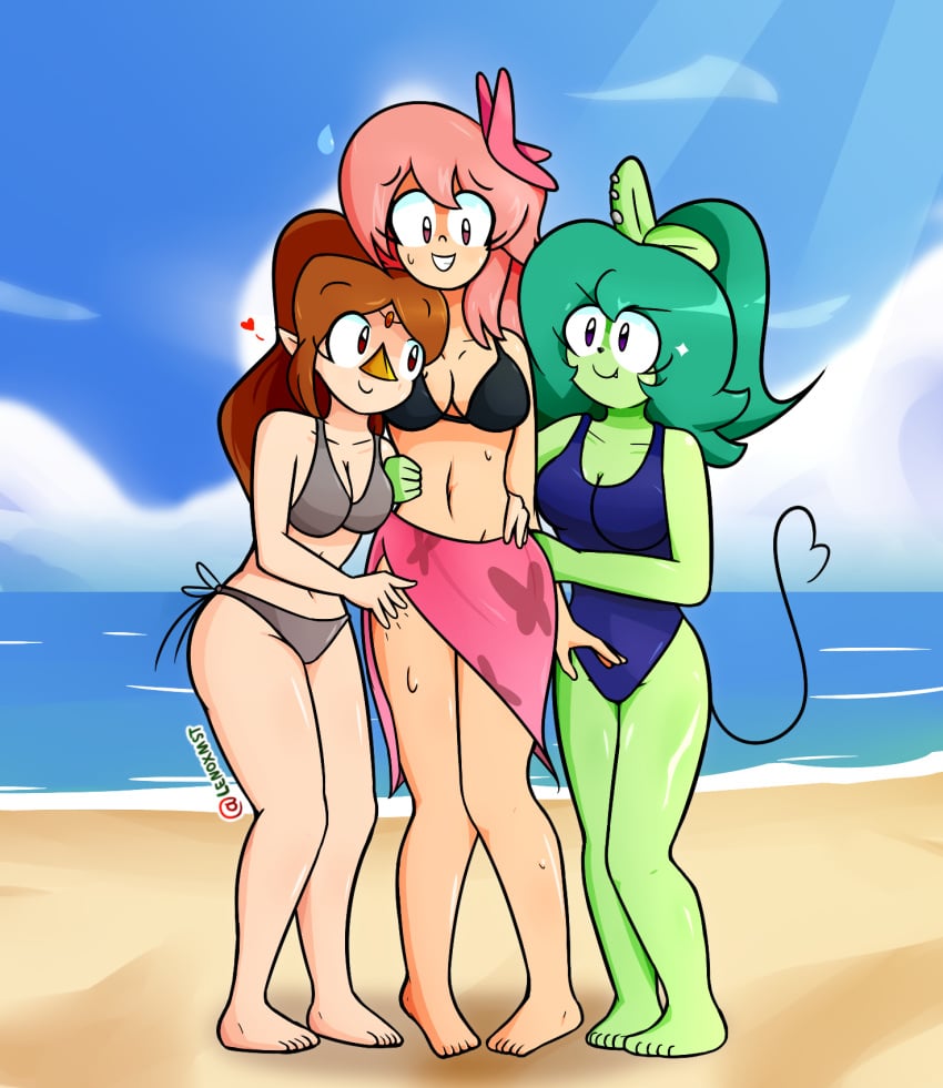 3girls aged_up akame_ga_kill! alternate_version_available beach beak bikini bird_beak black_top brown_hair chelsea_(akame_ga_kill!) commission crossover ear_piercing embarrassed fink_(ok_k.o.!_lbh) fink_(ok_k.o.!_let's_be_heroes) green_hair green_skin grey_top heart hugging lenoxmst loving_gaze medli ok_k.o.!_let's_be_heroes one_piece_swimsuit piercing pink_hair rat rat_tail swimsuits the_legend_of_zelda wind_waker