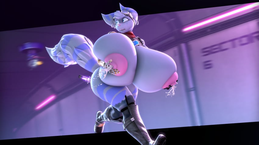 anthro ass big_breasts breast_expansion breasts butt_expansion dart expansion groping groping_breasts growth holding_breast huge_breasts lactating lactation milk not_person420 person-420 rivet_(ratchet_and_clank) running syringe torn_clothes trap turret