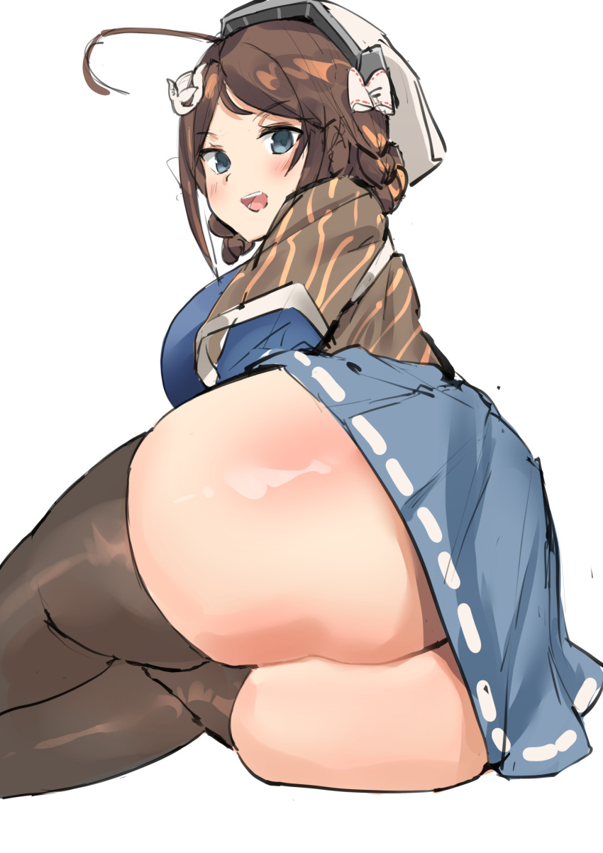 ahoge ass bandana bangs black_legwear blue_eyes blue_skirt blush braid breasts brown_shawl chougei_(kantai_collection) eyebrows_visible_through_hair female hair_ornament hair_rings highres huge_ass kantai_collection large_breasts looking_at_viewer no_panties open_mouth osananajimi_neko shawl simple_background sketch skirt solo thighhighs thighs twin_braids white_background white_headwear