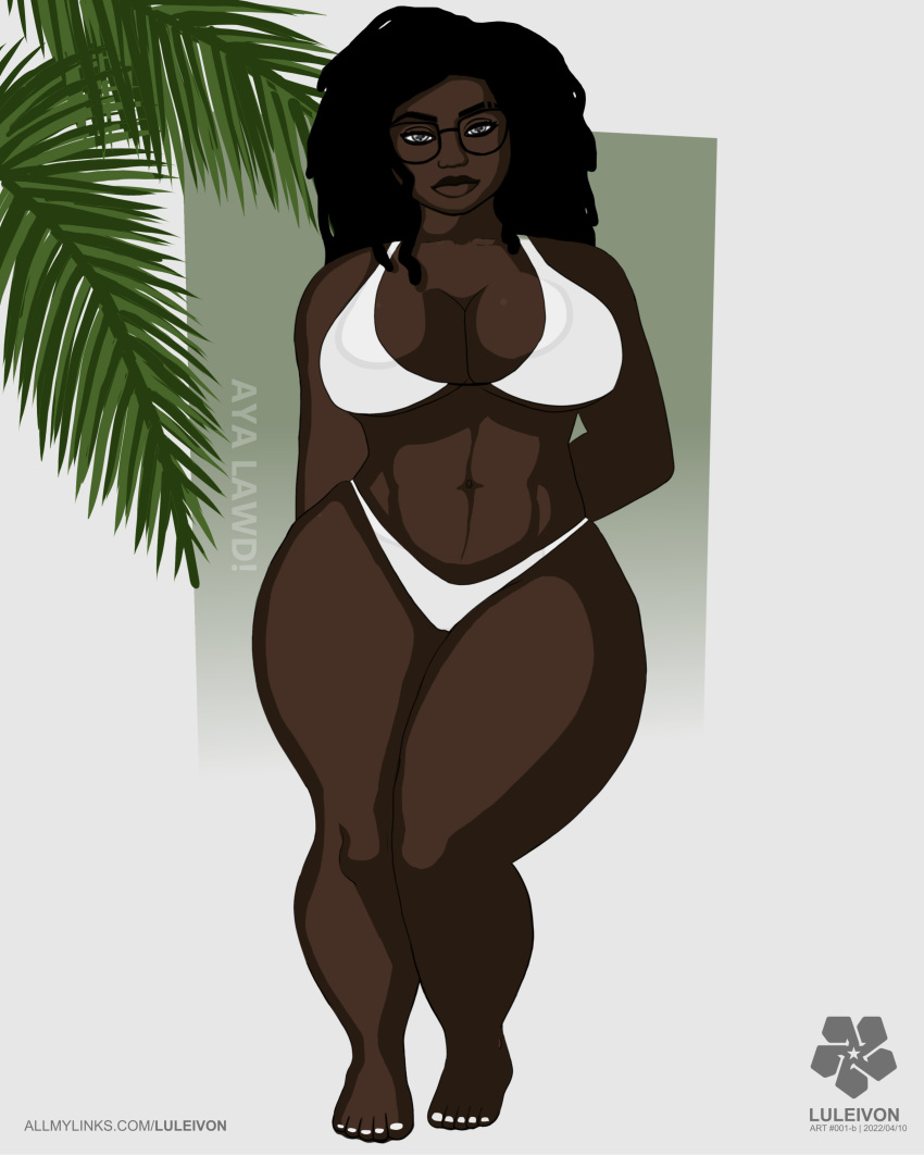 1girls abs abstract_background artist_logo baby_face bbw bedroom_eyes belly bewitching_thighs big_belly big_breasts big_calves bikini black_hair brickhouse calves curvy curvy_female cyborg cyborg_girl dark-skinned_female dark_skin dreadlocks eyebrow_slits female female_focus female_only ghana glasses goddess hartman_hips huge_calves huge_hips huge_thighs inside_joke legs locs looking_at_viewer lucinia_esi_acheampong_(luleivon) luleiverse luleivon mascot massive_thighs nail_polish original_character palm_tree redraw round_head sassy seductive_eyes seductive_look short_legs shortstack solo standing thick thick_lips thick_thighs tummy unusual_pupils very_dark_skin wide_hips