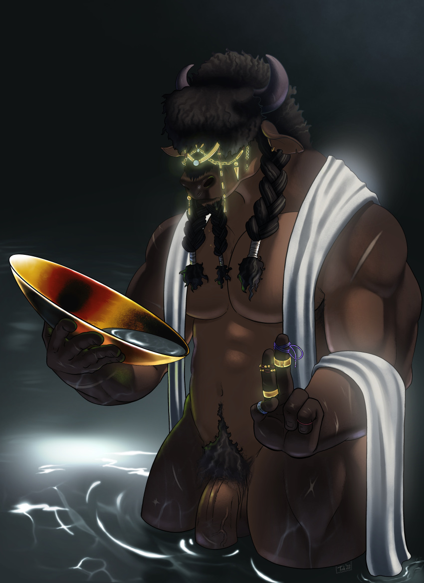 5_fingers absurd_res anthro baptism baptism_bath baptize barazoku big_penis black_hair bovid bovine braided_hair brown_body brown_fur cleric digit_ring digital_media_(artwork) ear_piercing ear_ring european_mythology finger_ring fingers fur genitals gold_(metal) gold_jewelry gold_ring greek_mythology hair hair_over_eyes hi_res horn humanoid_hands jewelry male mammal minotaur muscular muscular_anthro muscular_male mythology navel nude partially_submerged pecs penis piercing pubes scar signature solo standing_in_water toruk_codshire tush water