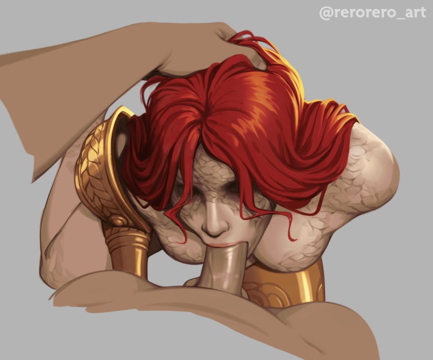 1boy absurdres armor blind breasts divine elden_ring english_commentary erection female fromsoftware gold_armor hand_on_another's_head highres kneeling lips long_hair malenia_blade_of_miquella medium_breasts no_nipples nose nude partial_male pauldrons pov red_hair rerorero scar scar_on_arm scar_on_breasts scar_on_face shoulder_armor single_pauldron solo_focus straight twitter_username vambraces