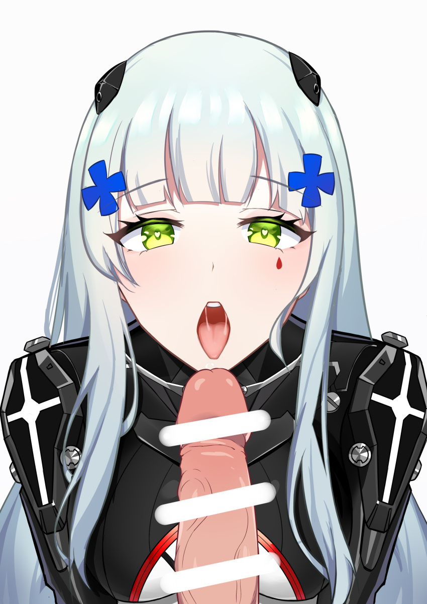 1boy absurdres armored_bodysuit bar_censor black_bodysuit bodysuit breasts censored cross_hair_ornament erection female girls'_frontline green_eyes hair_ornament hairpods heart heart-shaped_pupils highres hk416_(girls'_frontline) hk416_(midnight_evangelion)_(girls'_frontline) long_hair medium_breasts multicolored_bodysuit multicolored_clothes open_mouth penis saliva solo_focus symbol-shaped_pupils teardrop_facial_mark teardrop_tattoo tongue tongue_out user_vkpw5585 white_bodysuit white_hair