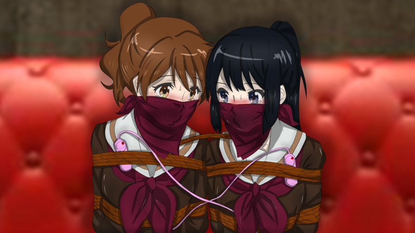 arms_behind_back black_eyes black_hair bondage brown_eyes brown_hair gag harness hibike!_euphonium kitauji_high_school_uniform kousaka_reina oumae_kumiko over_the_nose_gag ponytail raydo94 rope school_uniform sofa vibrator