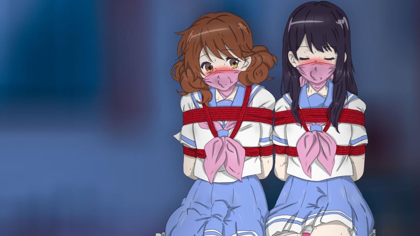 arms_behind_back black_eyes black_hair blush bondage brown_eyes brown_hair gag harness hibike!_euphonium kitauji_high_school_uniform kousaka_reina oumae_kumiko over_the_nose_gag ponytail raydo94 red_rope rope school_uniform sofa vibrator