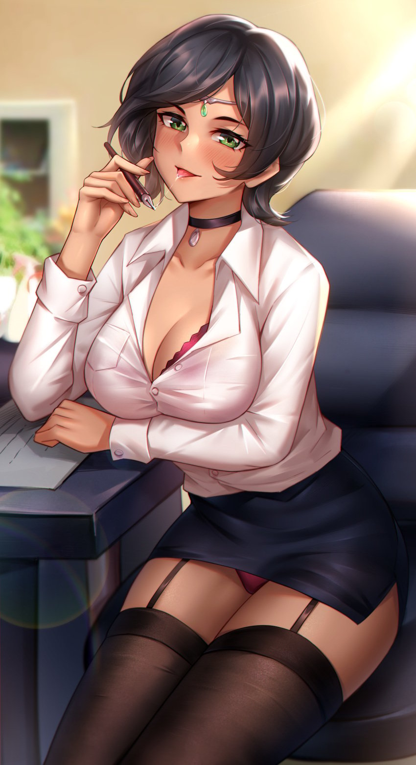 1girls avatar_the_last_airbender blush bra clothing female female_only garter_straps green_eyes grey_hair hua-j large_breasts nickelodeon office office_lady panties skirt smooth_skin solo stockings suyin_bei_fong the_legend_of_korra