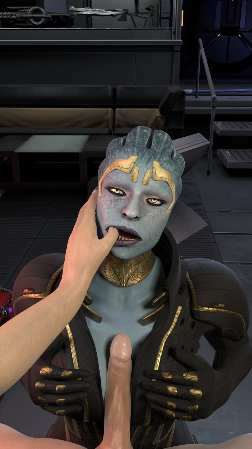 3d alien alien_girl asari athletic_female bondage chains collar cuffs human human_penetrating mass_effect morinth paizuri penis piercing restrained rogat17 samara tagme titfuck