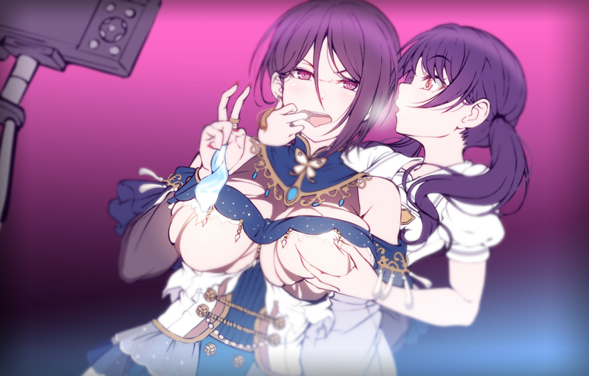 2girls bang_dream! bangs bare_shoulders blowing_in_ear blurry blurry_background breast_grab breasts cage_unlimited camera condom dutch_angle finger_in_mouth fingernails futaba_tsukushi grabbing grabbing_from_behind gradient gradient_background groping hair_between_eyes heavy_breathing holding holding_condom large_breasts long_fingernails long_hair looking_at_another low_twintails mouth_pull multiple_girls nail_polish open_mouth orange_eyes parted_bangs puffy_short_sleeves puffy_sleeves purple_background purple_eyes purple_hair recording red_nails school_uniform short_hair short_sleeves standing teeth torn_clothes tripod tsukinomori_school_uniform twintails underbust upper_body upper_teeth used_condom v yashio_rui