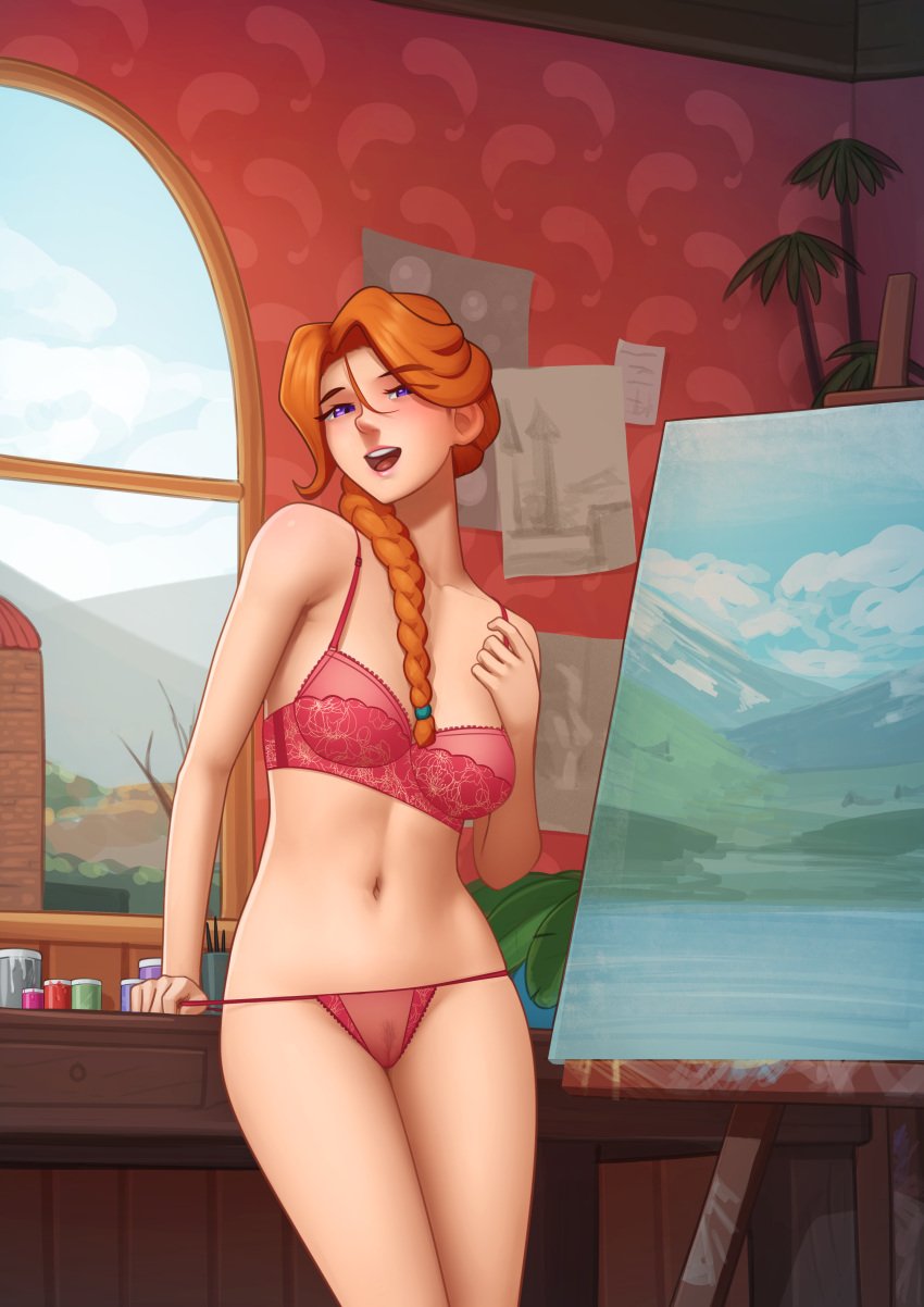 1girls bare_shoulders blush bra braided_hair breasts clothing deilan12 female female_only female_pubic_hair g-string half-closed_eyes highres indoors leah_(stardew_valley) legs light-skinned_female lingerie long_hair looking_at_viewer matching_underwear medium_breasts midriff navel open_mouth orange_hair paint painting panties pubic_hair purple_eyes pussy red_bra red_lingerie red_panda red_panties red_underwear redhead seductive see-through see-through_panties smile solo standing stardew_valley stomach underwear undressing window