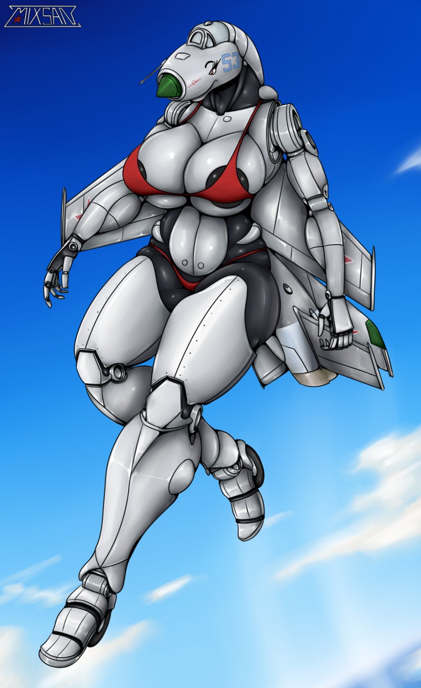 1girls 2022 aeromorph aircraft airplane anthro big_breasts bikini breasts cleavage clouds female female_only flying huge_breasts jet_engine living_aircraft living_machine mig-21 original original_character romman08 solo thick_thighs voluptuous wide_hips wings yellow_eyes