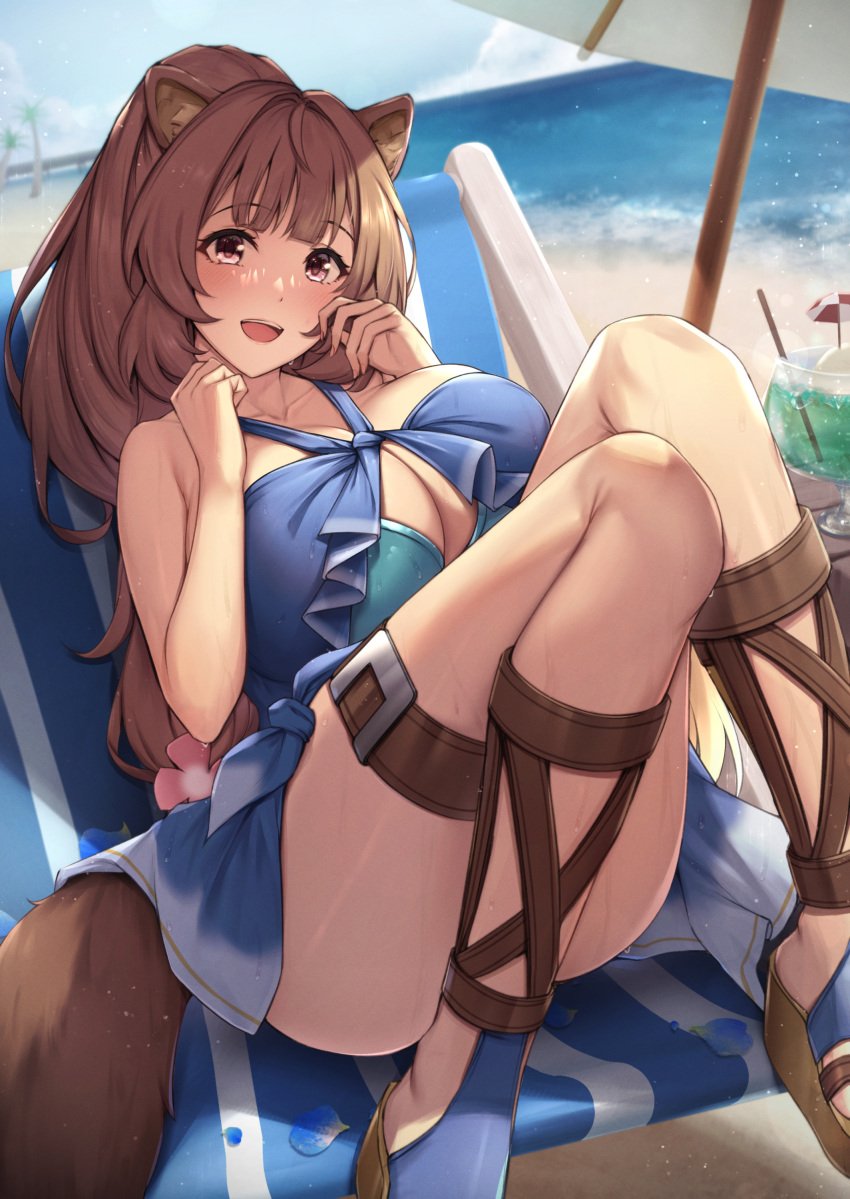 1girls absurd_res alternate_breast_size animal_ears bangs beach blue_sky blunt_bangs breasts brown_hair cleavage clothing cloud cup curvaceous curves drink eyebrows_visible_through_hair female female_only female_solo fou_zi hi_res huge_breasts kannko_bokujou legs long_hair looking_at_viewer ocean open_mouth outdoors paintcan raphtalia sand sitting sky smile solo swimsuit tail tate_no_yuusha_no_nariagari thighs