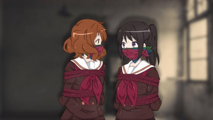 arms_behind_back black_eyes black_hair bondage brown_eyes brown_hair gag harness hibike!_euphonium kitauji_high_school_uniform kousaka_reina oumae_kumiko over_the_nose_gag ponytail raydo94 rope school_uniform sofa vibrator