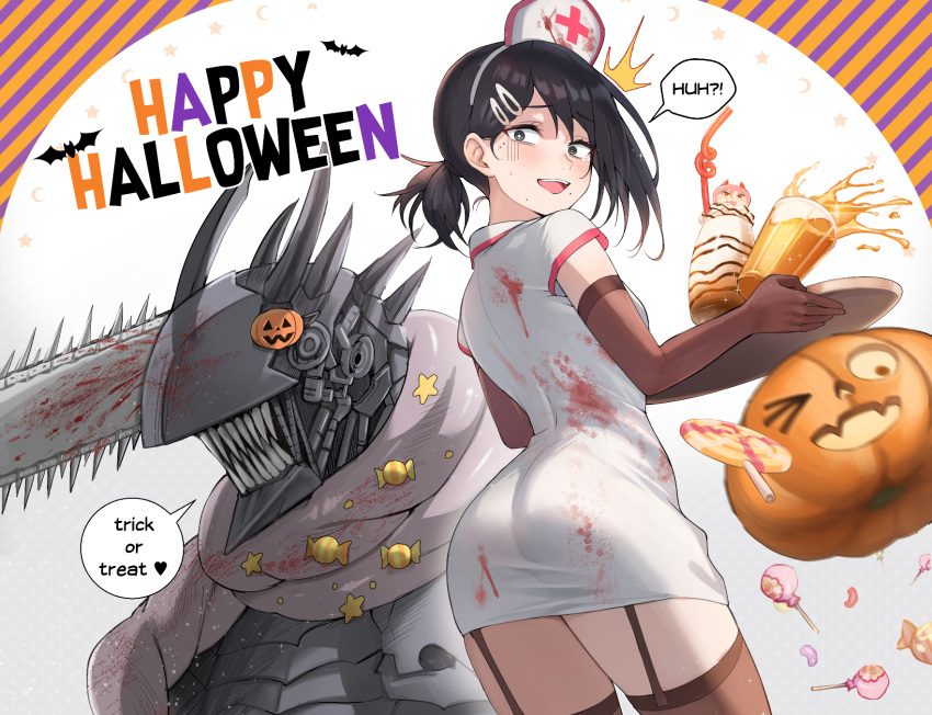 1boy 1girls ass ass_focus ass_in_dress big_ass bubble_butt chainsaw_devil chainsaw_man clothing denji_(chainsaw_man) female garter_straps gloves halloween higashiyama_kobeni hudeci mappa nurse nurse_uniform pochita_(chainsaw_man) pochita_(devil_form) pumpkin short_skirt stockings surprised tight_clothing trick_or_treat