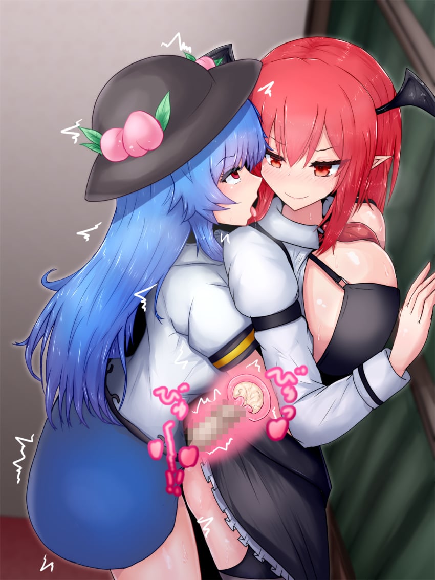 1futa 1girls against_wall ass bangs big_breasts black_headwear black_legwear blue_hair blue_skirt blush breasts censored clothed clothing cowboy_shot creampie cum cum_in_pussy cum_inside double_zeta duo ejaculation eye_contact eyebrows_visible_through_hair female food from_behind fruit futa_on_female futa_with_female futanari hair_between_eyes hat head_wings heart highres human koakuma large_breasts light-skinned_female light-skinned_futanari light_skin long_hair long_sleeves looking_at_another mosaic_censoring mostly_clothed multiple_girls open_mouth orgasm peach_(fruit) penis pointy_ears puffy_sleeves red_eyes red_hair sex shirt skirt standing tenshi_hinanawi thighs touhou vaginal_penetration waizzz00 white_shirt wings x-ray