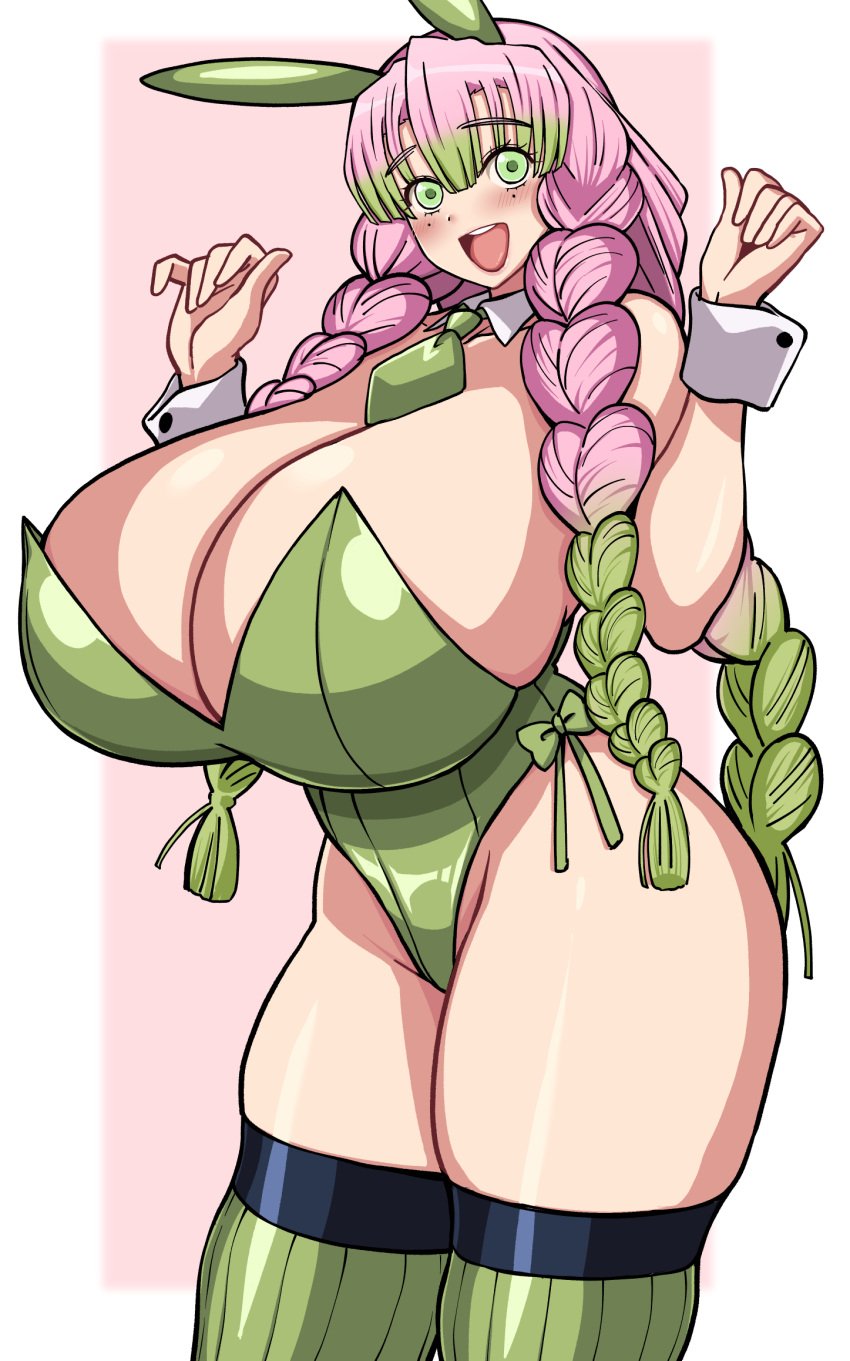 1girls big_breasts blush braided_hair breasts bunny_ears bunnysuit demon_slayer eye_contact female green_eyes huge_breasts kanroji_mitsuri kimetsu_no_yaiba komusou_(jinrikisha) legwear leotard long_hair looking_at_viewer massive_breasts pink_and_green_hair shounen_jump solo standing thick_thighs thigh_gap thighhighs twin_braids two_tone_hair voluptuous wide_hips