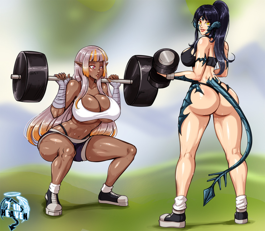 2girls 7th-heaven anklehighs au_ra big_ass big_breasts elezen final_fantasy final_fantasy_xiv gym gym_clothes gym_shorts looking_at_viewer muscular_female sapphira_nyx socks sweat turn_cuff_socks weightlifting white_socks xaela