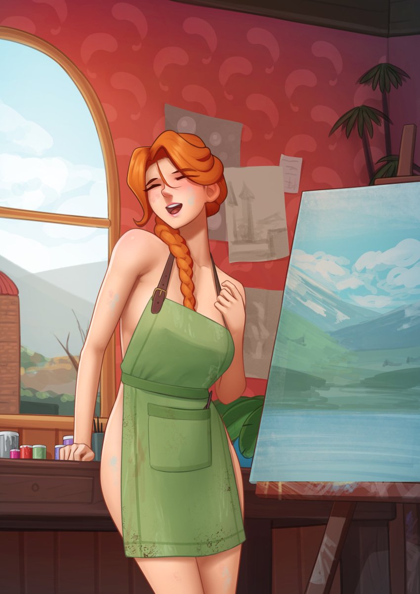 1girls apron apron_only bare_shoulders blush braided_hair breasts closed_eyes deilan12 female female_only half-closed_eyes happy highres indoors l leah_(stardew_valley) legs light-skinned_female long_hair navel no_underwear open_mouth orange_hair paint paint_on_body painting seductive smile solo standing stardew_valley window