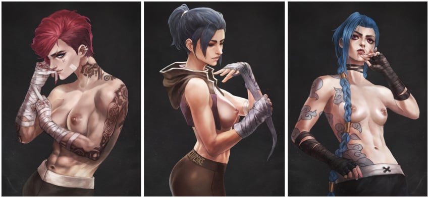 abs arcane arcane_caitlyn arcane_jinx arcane_vi armwear bandage bandages blue_hair braid braided_hair caitlyn_kiramman casual collage female female_only human jinx_(league_of_legends) league_of_legends medium_breasts monorirogue muscular_female pale_skin piercing pinup pixie_cut red_hair shirtless sisters skinny small_breasts tattoo twintails vi