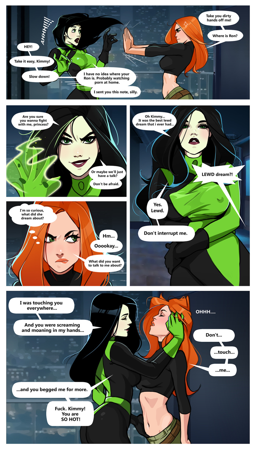 2girls comic disney disney_channel english_text female female_only kim_possible kimberly_ann_possible minko multiple_girls rooftop shego suspense tease teasing text yuri