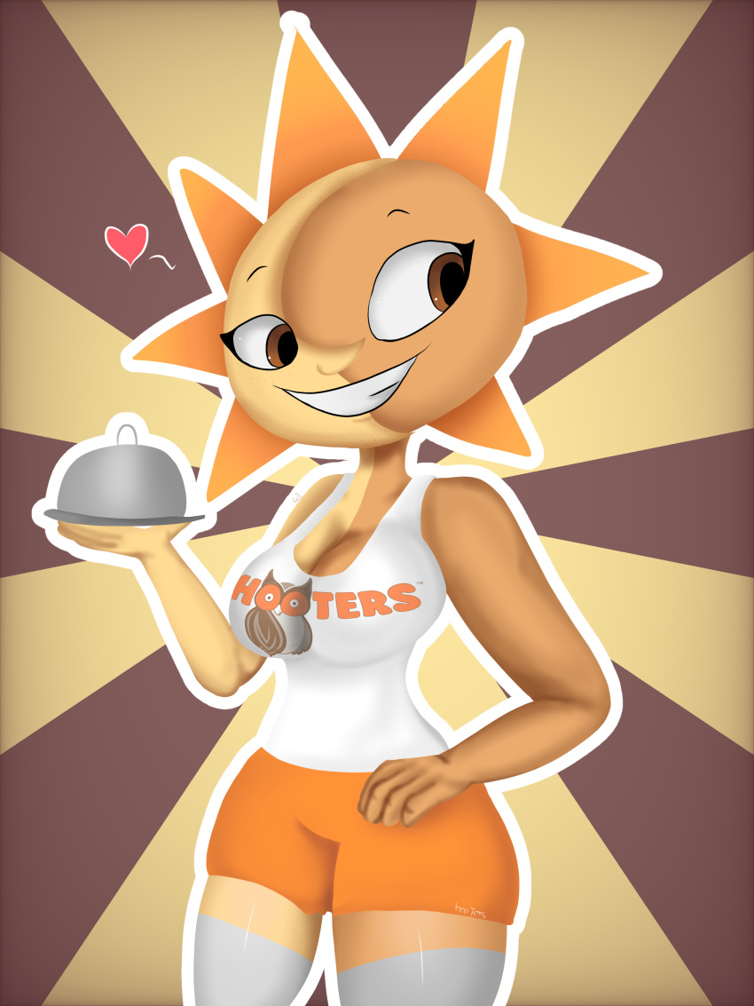 1girls 2022 big_breasts breasts bulging_breasts daycare_attendant_(fnaf) female_only five_nights_at_freddy's five_nights_at_freddy's:_security_breach hand_on_hip heart hooters hooters_uniform jembbrowm milf orange_skin plate rule_63 shorts smile smiling sun sundrop thick_thighs thighhighs two_tone_skin yellow_skin