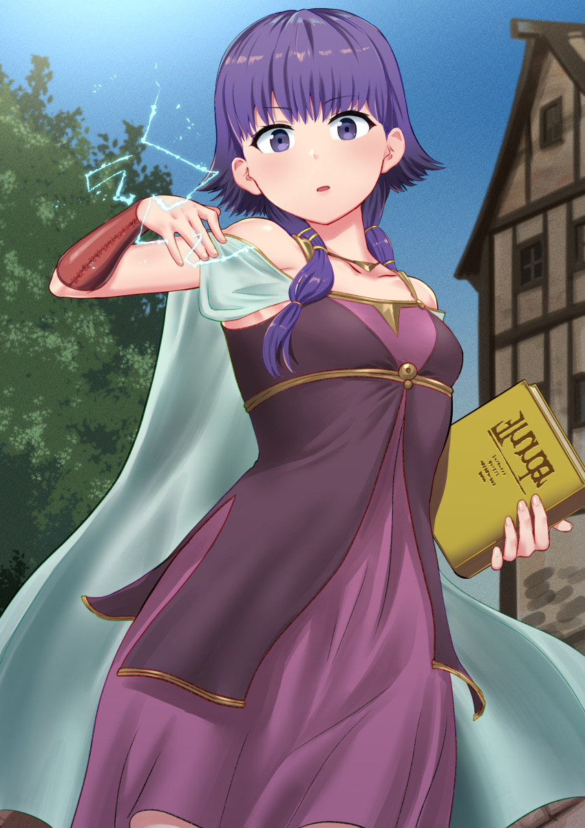 1girls absurdres arm_up armpits bare_shoulders blue_sky book braid breasts collarbone commission dress electricity electrokinesis embarrassed eyebrows_visible_through_hair female female_only fire_emblem fire_emblem:_the_sacred_stones highres holding holding_book house humiliation kekeshi_mitsuru lightning looking_at_viewer lute_(fire_emblem) magic medium_hair nintendo open_mouth outdoors purple_eyes purple_hair skeb_commission sky sleeveless sleeveless_dress small_breasts solo tree twin_braids twintails wardrobe_malfunction