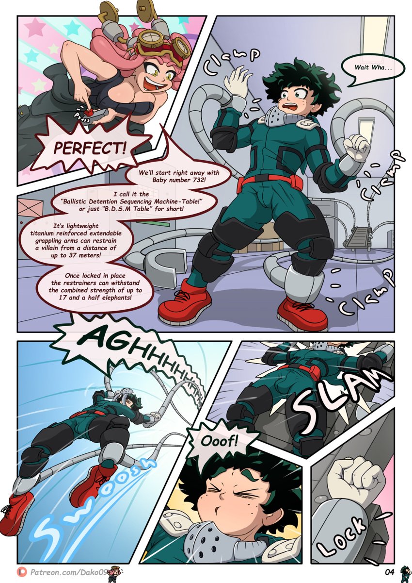 bondage breasts bulge clevage comic dako09 dialogue doujinshi english_text flying funny goggles goggles_on_head green_hair happy hero_outfit_(mha) izuku_midoriya izuku_midoriya_(hero_outfit) large_breasts mei_hatsume midoriya_izuku midoriya_izuku_(hero_outfit) my_hero_academia out_of_breath page_4 page_number pink_hair pulled_by_another restrained restraints robot_arms robotic_arm shounen_jump surprise surprised surprised_expression table tank_top trapped