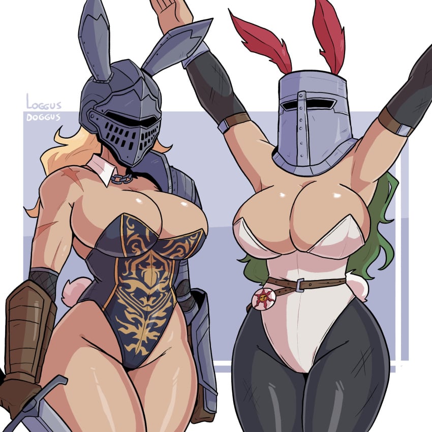 2d alternate_costume animal_ears armor arms_up armwear belt big_breasts blonde_hair blue_background bodysuit breasts bunny_costume bunny_ears bunny_girl bunny_tail bunnysuit chains cleavage dark_souls duo feather_in_hat feathers female female_only fromsoftware front_view gloves green_hair hair headgear helmet holding_object holding_sword holding_weapon human human_only knight large_breasts leotard light-skinned_female light_skin loggus_doggus long_hair melee_weapon neckwear obscured_face oscar_of_astora pose praise_the_sun rule_63 scar scars scars_all_over shiny_skin short_tail simple_background solaire_of_astora spread_arms sword tail thighs vambraces weapon white_clothing white_collar wide_hips