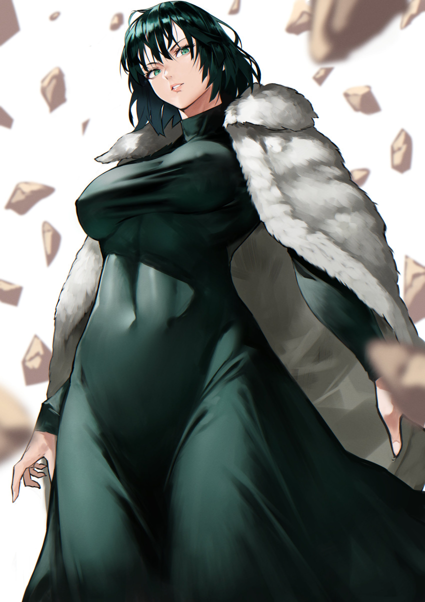 1girls areola_bulge big_breasts coat covered_navel covered_nipples curvaceous curvy curvy_figure dress female female_focus female_only fubuki_(one-punch_man) green_eyes green_hair huge_breasts lips lipstick looking_at_viewer looking_away low-angle_view medium_hair midriff nipple_bulge one-punch_man rubble short_hair smile smiling smiling_at_viewer tight_clothing tummy turtleneck voluptuous yoshi55level