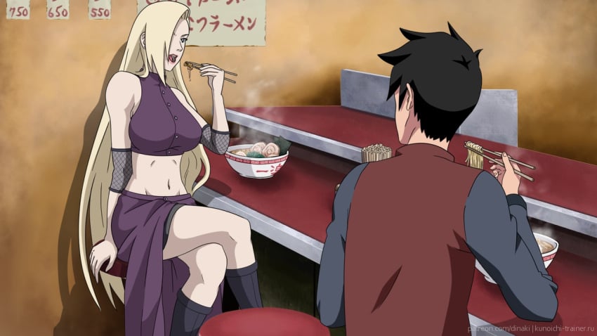 blonde_hair clothed crossed_legs dinaki eating fully_clothed ichiraku_ramen ino_yamanaka long_hair naruto naruto:_the_last naruto_(series) naruto_shippuden open_mouth ramen sitting very_long_hair