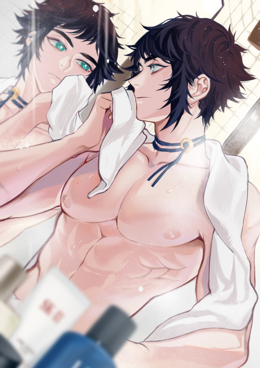 abs after_bath aqua_eyes bathroom black_hair choker demon_slayer dutch_angle kaigaku kimetsu_no_yaiba male male_only mirror muscular muscular_male o.orca pecs reflection sidelocks solo spiky_hair topless topless_male towel towel_around_neck upper_body wet_skin