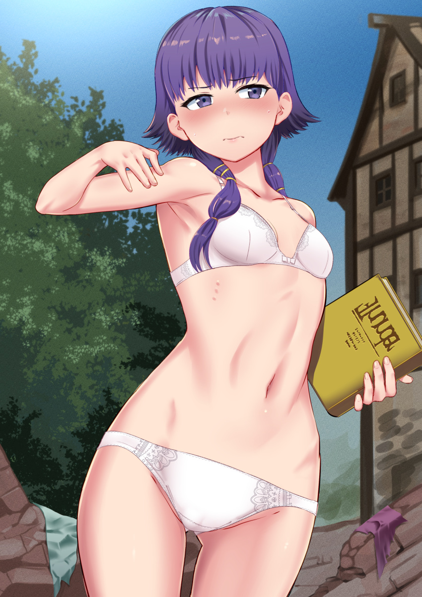 1girls angry armpits ass_visible_through_thighs bangs bare_thighs book bra breasts day embarrassed female female_only fire_emblem fire_emblem:_the_sacred_stones frown house humiliation kekeshi_mitsuru lute_(fire_emblem) magic nintendo outdoors panties public public_exposure purple_eyes purple_hair short_hair small_breasts solo thighs torn_clothes tree underwear wardrobe_malfunction white_panties