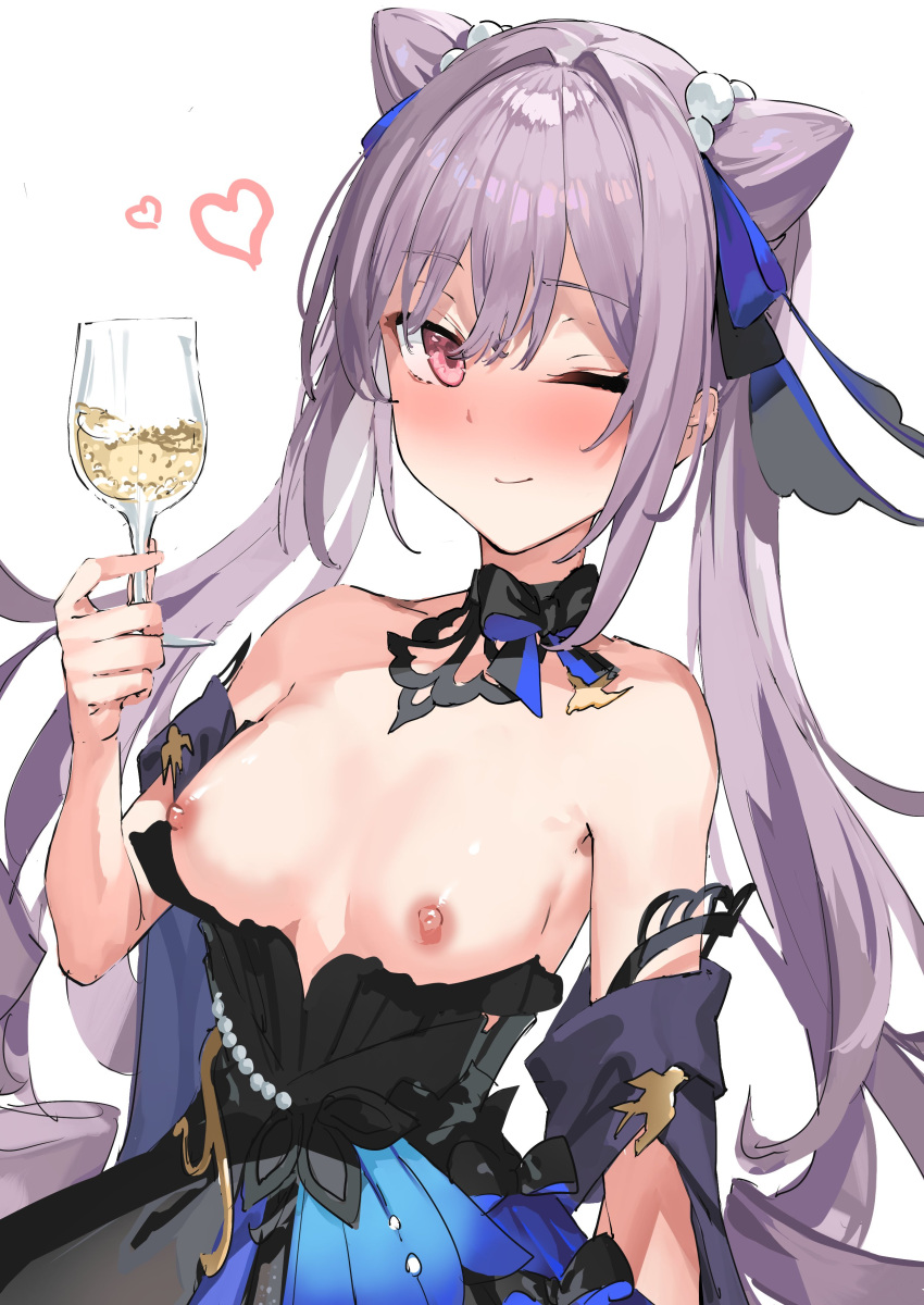 absurdres alcohol bare_shoulders beads black_dress blush breasts breasts_apart champagne clothes_pull clothing_cutout cup detached_collar detached_sleeves dress drinking_glass female genshin_impact hair_cones hair_ribbon hand_up heart highres holding keqing_(genshin_impact) keqing_(opulent_splendor)_(genshin_impact) long_hair looking_at_viewer medium_breasts nipples nose_blush one_eye_closed pink_eyes purple_hair ribbon smile solo strapless strapless_dress twintails underboob_cutout upper_body wine_glass xkirara39x