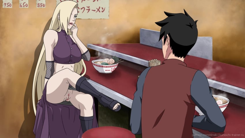 1boy 1girls biting_finger blonde_hair clothed crossed_legs dinaki eating exhibitionism female ichiraku_ramen ino_yamanaka long_hair male naruto naruto:_the_last naruto_(series) naruto_shippuden no_panties pussy ramen sitting very_long_hair