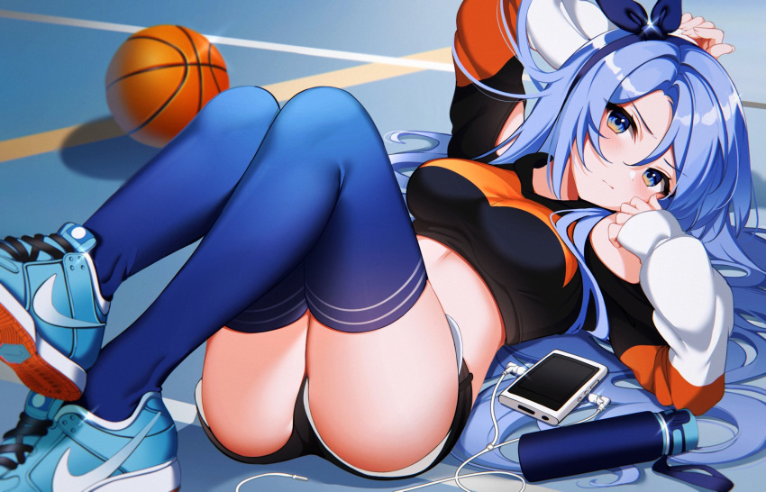 1girls basketball blue_eyes blue_hair chaesu female footwear headband highres human laying_down legwear medium_breasts minah nike shoes shorts sneakers solo sportswear stockings thighhighs thighs