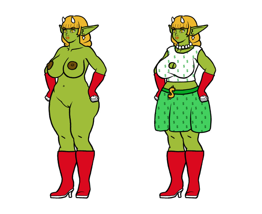 arcnod blonde_hair courtney_(arcnod) female goblin goblin_female green_body green_skin hair hi_res humanoid jewelry nude solo standing