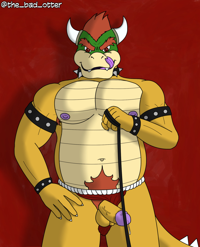 anthro asian_clothing balls bara bodily_fluids bowser clothing collar cuff_(restraint) dripping east_asian_clothing first_person_view fundoshi genital_fluids genitals hi_res horn japanese_clothing leash leashed_pov leather leather_cuffs male male_only mario_(series) muscular nintendo nipples penis precum precum_drip pubes restraints slightly_chubby solo the_bad_otter_(artist) tongue tongue_out underwear video_games