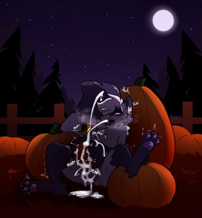 animal_humanoid anthro balls black_body black_fur bodily_fluids canid canid_humanoid canine canine_humanoid closed_eyes cum cum_in_pumpkin cum_on_balls cum_on_ground cum_on_hand cumshot dust_(mewgle) ejaculation excessive_cum fence food fox fox_humanoid fruit fucking_pumpkin fur furry furry_only genital_fluids genitals grass grey_body grey_fur hi_res humanoid male male_only mammal mammal_humanoid mewgle moon night onomatopoeia open_mouth pawpads penis plant pumpkin pumpkin_patch solo sound_effects star tail teeth text tongue tongue_out tree