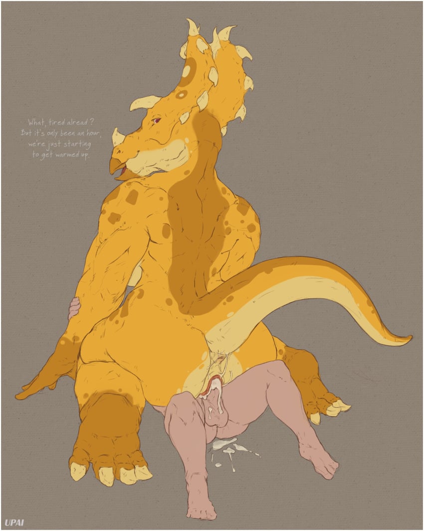 absurd_res anthro anthro_penetrated anus ass balls beak bodily_fluids ceratopsian cowgirl_position cum cum_on_balls cum_on_ground cum_on_own_balls cum_on_own_penis cum_on_penis cum_on_self dialogue dinosaur duo english_text female female_penetrated from_front_position genital_fluids genitals hi_res horn human human_on_anthro human_penetrating human_penetrating_anthro interspecies kneeling larger_anthro larger_female looking_back male male/female male_penetrating male_penetrating_female mammal nude on_bottom on_top open_beak open_mouth orange_body ornithischian penetration penile penile_penetration penis penis_in_pussy pussy red_eyes reptile scalie sex size_difference smaller_human smaller_male styracosaurus text upai vaginal_penetration vaginal_penetration