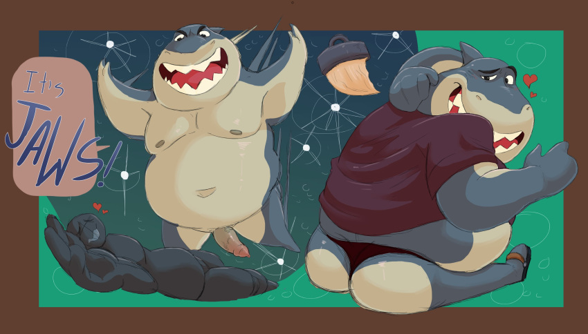 2022 anthro ass belly big_belly big_butt biped clothing dreamworks duo fish genitals haxsmack heart hi_res male marine moobs mr._shark_(the_bad_guys) nipples overweight overweight_male penis shark shirt sitting solo the_bad_guys topwear