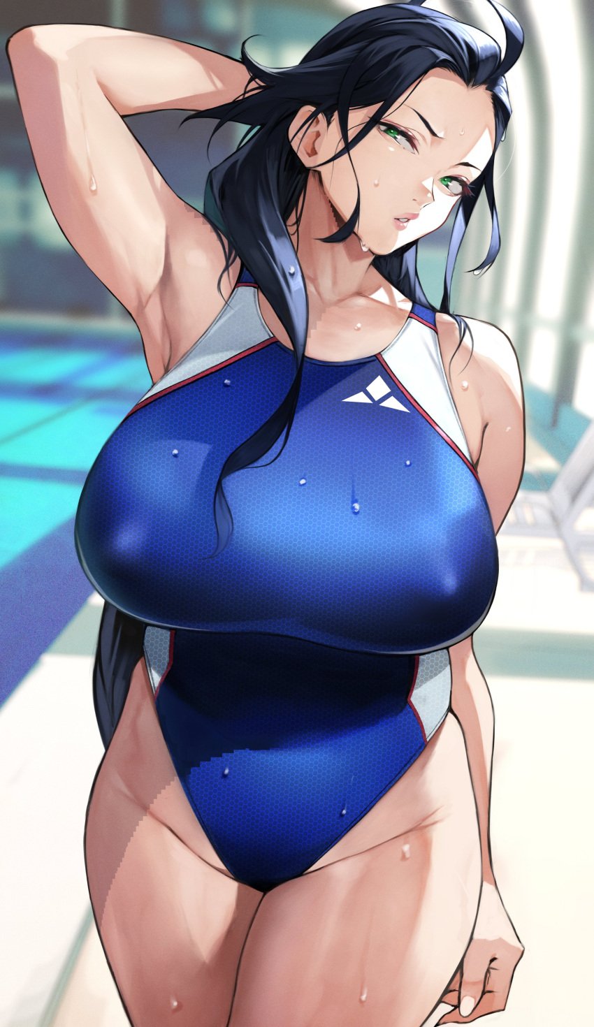 absurdres ahoge arm_at_side arm_behind_head arm_up armpits bare_shoulders black_hair blue_swimsuit blurry blurry_background breasts collarbone competition_swimsuit covered_erect_nipples depth_of_field eyeshadow female fingernails green_eyes groin highleg highleg_swimsuit highres huge_breasts indoors lips long_hair looking_at_viewer makeup mature mature_female milf one-piece_swimsuit original parted_lips pink_eyeshadow pool solo swimsuit thick_thighs thighs unmoving_pattern wet white_nails yoshi55level yoshio_(55level)