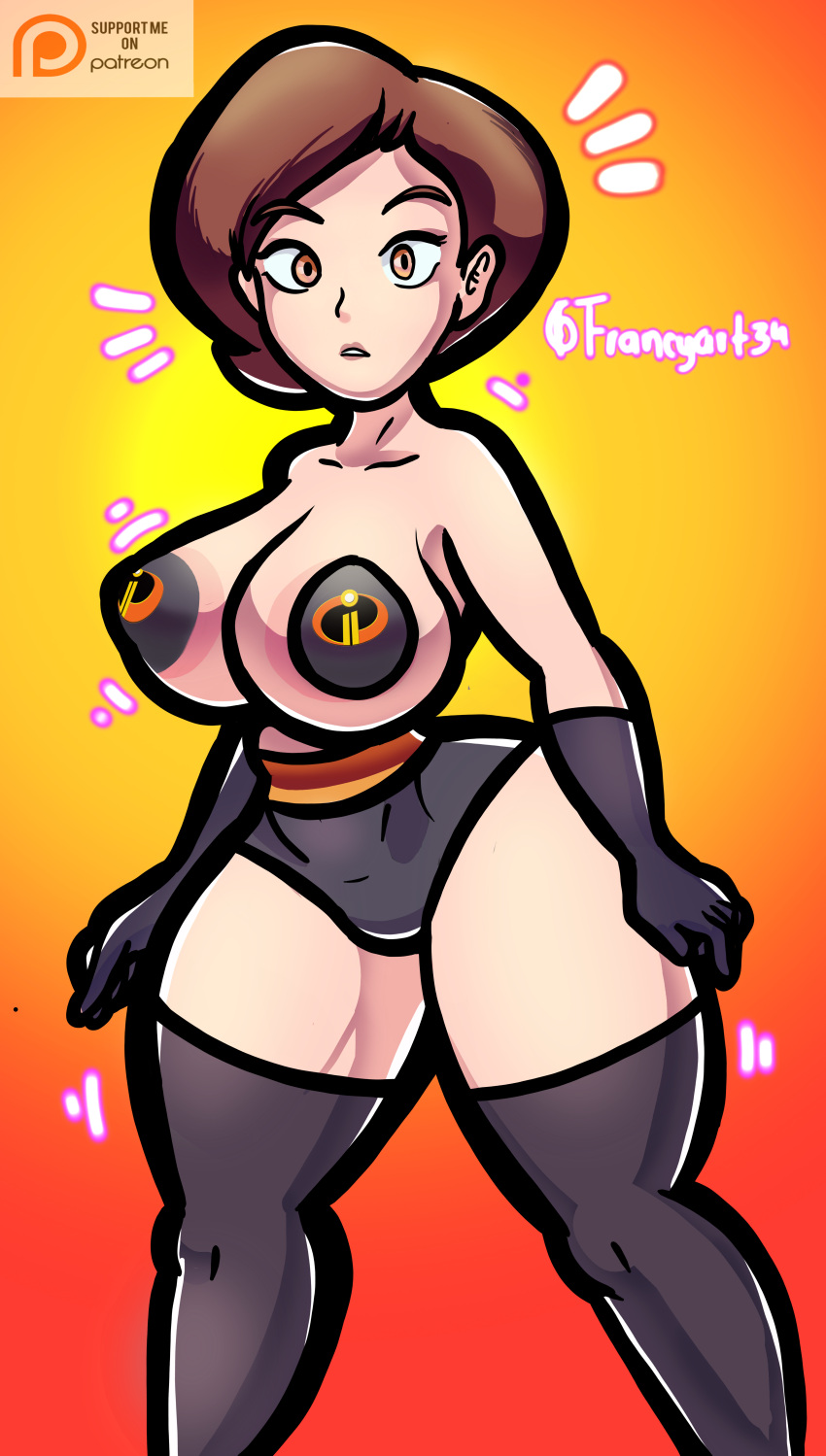 1girls big_breasts black_panties brown_eyes brown_hair disney elastigirl female female_only francyart34 helen_parr hourglass_figure huge_breasts panties pasties pixar revealing_clothes smooth_skin solo stockings superheroine tagme the_incredibles thick_thighs topless two-tone_panties two_tone_panties wide_hips