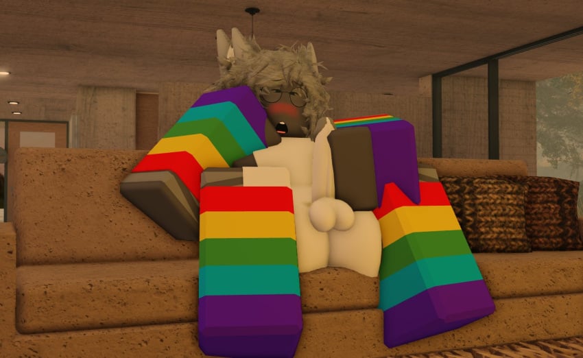 1boy 3d balls blush cock gabbers gay legwear male masturbation open_mouth pride_colors roblox robloxian sea_(searr34) shark striped_legwear tagme